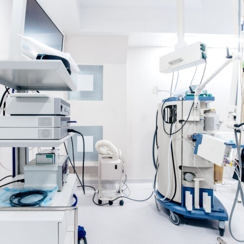 Close up details of hospital operating room interior. Medical devices and life support monitors Close up details of hospital operating room interior. Medical devices and life support monitors