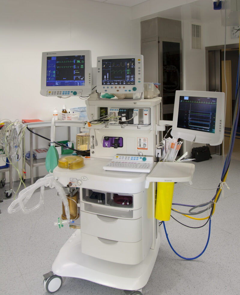 Tartu,Estonia,Surgical support equipment, anaesthesia equipment, trolley, instrument trays,and computer monitors in an operating theatre Surgical support equipment, anaesthesia equipment, trolley, instrument trays,and computer monitors in an operating theatre